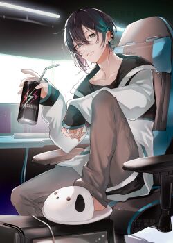 1boy animal_slippers aopon16 bendy_straw black_hair black_jacket black_shirt can chair computer computer_tower dog_slippers drinking_straw ear_piercing energy_drink gaming_chair green_hair grey_eyes grey_pants hair_between_eyes highres holding holding_can indoors jacket long_sleeves looking_at_viewer male_focus mayuzumi_kai mayuzumi_kai_(1st_costume) monitor multicolored_hair multicolored_jacket nijisanji open_clothes open_jacket pants piercing shirt sitting sleeves_past_wrists slippers solo streaked_hair swivel_chair two-tone_jacket virtual_youtuber white_jacket