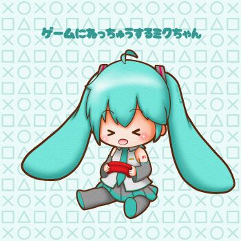>_< 1girl absurdres ahoge aqua_hair aqua_necktie chibi chibi_only closed_eyes controller full_body game_controller hatsune_miku highres holding holding_controller holding_game_controller long_hair necktie open_mouth playstation_symbols sh1n_chan sitting solo twintails very_long_hair vocaloid