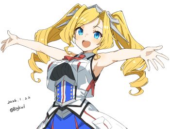 1girl :d absurdres armpits bare_arms bare_shoulders bigkwl blonde_hair blue_eyes blue_skirt blush breasts commentary cowboy_shot dated dated_commentary drill_hair highres honolulu_(kancolle) kantai_collection large_breasts long_hair looking_at_viewer one-hour_drawing_challenge open_mouth outstretched_arms shirt simple_background skirt sleeveless sleeveless_shirt smile solo spread_arms twintails twitter_username white_background white_shirt