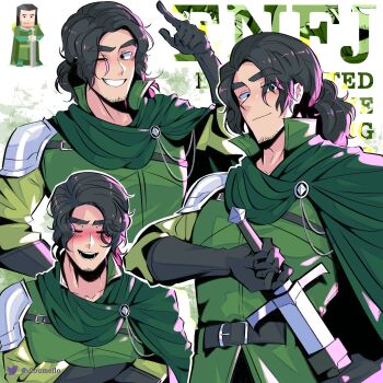 16personalities 1boy armor beard_stubble black_eyes black_gloves black_hair blush cape closed_eyes closed_mouth cloumello commentary facial_hair gloves green_cape green_shirt green_theme hand_up highres holding holding_sword holding_weapon looking_at_viewer male_focus multiple_views myers-briggs_type_indicator open_mouth protagonist_(16personalities) shirt short_hair shoulder_armor smile stubble sword weapon