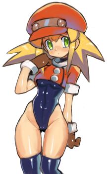 1girl adapted_costume blonde_hair blue_thighhighs blush breasts brown_gloves newsboy_cap cameltoe covered_navel dakusuta gloves green_eyes hair_between_eyes hat highleg highleg_leotard highres leotard leotard_under_clothes long_hair mega_man_(series) mega_man_legends_(series) red_hat roll_caskett_(mega_man) simple_background skindentation small_breasts solo thighhighs thighs white_background