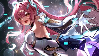 Rule 34 | 1girl, aemeath (wuthering waves), ahoge, bare shoulders, breasts, commentary, elbow gloves, from side, glitch, gloves, hair ornament, highres, kyoi (kyo1koo2), leotard, long hair, looking at viewer, looking to the side, medium breasts, open mouth, orange eyes, ponytail, sky, smile, solo, space, star-shaped pupils, star (sky), star (symbol), starry sky, symbol-shaped pupils, white gloves, white leotard, wuthering waves