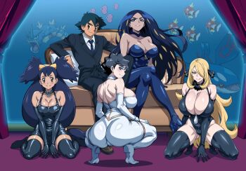 1boy 4girls ai-assisted ash_ketchum ass bare_shoulders bdsm black_hair blonde_hair blue_eyes blue_hair bondage bondage_outfit boots bound breasts brown_hair business_suit cleavage collarbone couch crossed_legs curtains cynthia_(pokemon) dark-skinned_female dark_skin diantha_(pokemon) double_bun dress formal_clothes geeta_(pokemon) gen_1_pokemon gen_3_pokemon gloves grey_eyes gyarados hair_bun hair_over_one_eye harem high_heel_boots high_heels iris_(pokemon) kyogre large_breasts latex latex_gloves latex_legwear legendary_pokemon long_hair looking_at_viewer looking_back luvdisc magikarp multicolored_hair multiple_girls necktie nintendo open_mouth pokemon pokemon_(anime) pokemon_(creature) pokemon_bw_(anime) pokemon_dppt_(anime) pokemon_sv pokemon_xy_(anime) purple_hair short_hair sitting smile squatting suit yxyyxy