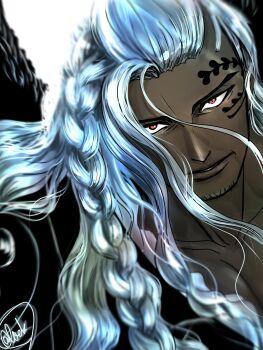 1boy braid commentary_request dark-skinned_male dark_skin facial_hair facial_tattoo goatee_stubble highres king_(one_piece) lockxxxlack long_hair looking_at_viewer male_focus one_piece parted_lips red_eyes signature solo stubble tattoo white_hair wings