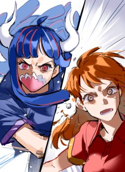 2girls blue_hair commentary curled_horns horns mask motion_lines mouth_mask multiple_girls nami_(one_piece) one_piece open_mouth orange_hair pink_eyes pink_streaks raine_(acke2445) short_sleeves sweatdrop symbol-only_commentary ulti_(one_piece) white_horns