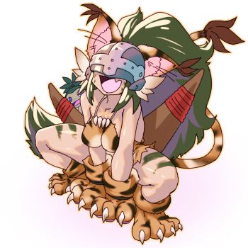 1girl absurdres angewomon breasts cat_girl cham_cham cham_cham_(cosplay) claws cosplay digimon digimon_(creature) fang gerusyu gloves happy helmet highres koemon monkey oridigi original purple_eyes samurai_spirits smile tailmon wide_hips