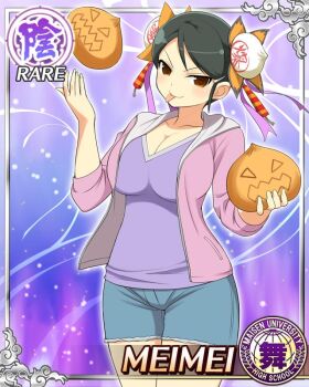 1girl :p black_hair border breasts brown_eyes bun_cover card_(medium) character_name cleavage denim denim_shorts double_bun food game_cg hair_bun hair_ribbon hood hoodie jack-o&#039;-lantern large_breasts looking_at_viewer medium_hair meimei_(senran_kagura) official_art pink_hoodie purple_ribbon purple_shirt ribbon senran_kagura senran_kagura_new_wave shirt shorts smile solo steamed_bun swept_bangs tongue tongue_out