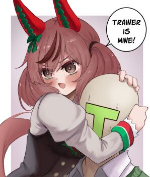 1girl 1other :o animal_ears blush border bow brown_eyes brown_hair buttons commentary diagonal-striped_bow english_commentary english_text green_bow hair_ornament highres horse_ears horse_girl horse_tail hug juliet_sleeves long_hair long_sleeves nervous_sweating nice_nature_(umamusume) niwasa_izuna open_mouth puffy_sleeves shirt simple_background size_difference sleeveless speech_bubble striped_bow sweat t-head_trainer_(umamusume) tail trainer_(umamusume) twintails umamusume white_shirt