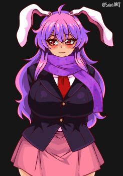 1girl animal_ears arms_behind_back black_background blazer blush breasts commentary cowboy_shot highres jacket large_breasts necktie pink_skirt purple_hair purple_scarf rabbit_ears rabbit_girl red_eyes red_necktie reisen_udongein_inaba scarf seireiart skirt solo touhou twitter_username