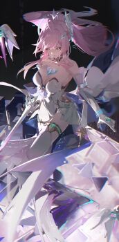 1girl absurdres aemeath_(wuthering_waves) ahoge bare_shoulders breasts chromatic_aberration cleavage commentary dark_background elbow_gloves gloves hair_ornament highres holding holding_sword holding_weapon leotard long_hair looking_at_viewer medium_breasts megu_(jim48834420) parted_lips pink_hair showgirl_skirt skirt smile solo star-shaped_pupils star_(symbol) sword symbol-shaped_pupils tacet_mark_(wuthering_waves) thighs weapon white_gloves white_leotard white_skirt wuthering_waves yellow_eyes