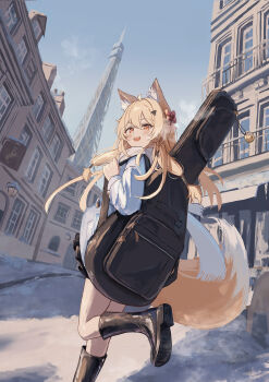 Rule 34 | 1girl, :d, aemikyo (oc), ahoge, animal ear fluff, animal ears, bell, black boots, black skirt, blonde hair, blue coat, blue sky, boots, bow, braid, breath, building, cloud, coat, commentary, commission, day, double-parted bangs, english commentary, foot out of frame, fox ears, fox girl, fox tail, from behind, guitar case, hair between eyes, hair bow, hair ornament, hand up, highres, holding strap, instrument case, jingle bell, knee boots, knee up, kogure0012, long hair, long sleeves, looking at viewer, looking back, low twin braids, miniskirt, open mouth, orange eyes, original, outdoors, pink bow, pleated skirt, road, scarf, sidelocks, skeb commission, skirt, sky, smile, snow, solo, standing, standing on one leg, street, tail, teeth, tower, town, transmission tower, triangle hair ornament, twin braids, upper teeth only, urban, white scarf, window