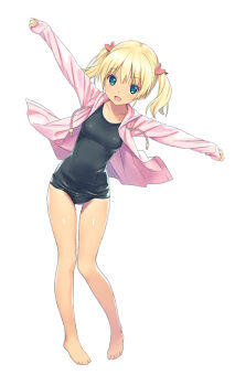 1girl barefoot black_one-piece_swimsuit blonde_hair blue_eyes breasts commentary_request full_body hair_bobbles hair_ornament jacket koutaro leaning_to_the_side long_hair looking_at_viewer one-piece_swimsuit original outstretched_arms pink_jacket school_swimsuit simple_background small_breasts smile solo standing swimsuit twintails white_background
