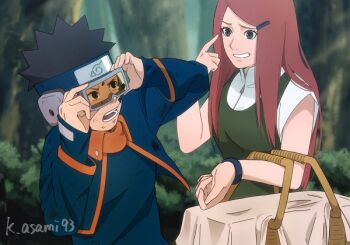 1boy 1girl artist_name asamishi basket black_eyes black_hair dress forehead_protector goggles green_dress hair_ornament hairclip holding holding_basket konohagakure_symbol long_hair long_sleeves looking_at_another naruto_(series) naruto_shippuuden red_hair short_hair spiked_hair teeth uchiha_obito uzumaki_kushina