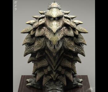 3d artist_name elbow_spikes from_behind gamera gamera_(series) giant giant_monster grey_background highres japanese_text jared_modina kaiju monster no_humans overlapping_shell platform sculpture signature simple_background tail translation_request turtle turtle_shell
