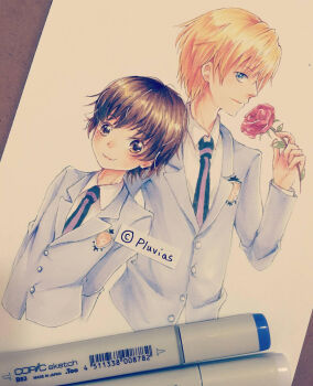 1boy 1girl androgynous arms_behind_back art_program_in_frame artist_name blazer blonde_hair blue_eyes blue_jacket brown_eyes brown_hair collared_shirt commentary crossdressing crossdressing_(ftm) flat_chest flower fujioka_haruhi hand_up highres holding holding_flower jacket light_blush looking_at_another marker_(medium) necktie ouran_high_school_host_club ouran_high_school_uniform photo_(medium) pluvias profile red_flower red_rose reverse_trap romaji_commentary rose school_uniform shirt sideways_glance suou_tamaki traditional_media upper_body white_shirt