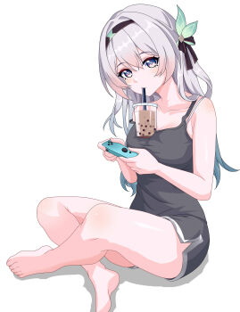 1girl absurdres alternate_costume bare_legs bare_shoulders barefoot black_bow black_hairband blue_eyes bow breasts bubble_tea_challenge cleavage collarbone commentary controller dolphin_shorts firefly_(honkai:_star_rail) gradient_hair green_hair grey_hair grey_shorts grey_tank_top hair_between_eyes hair_bow hairband highres holding holding_controller honkai:_star_rail honkai_(series) legs looking_at_viewer maxwelzy medium_breasts multicolored_eyes multicolored_hair shorts simple_background solo strap_slip tank_top two-tone_eyes white_background yellow_eyes