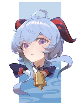 1girl ahoge artist_name bell blue_background blue_bow blue_hair border bow cloud_background cloud_print floating_hair ganyu_(genshin_impact) genshin_impact gradient_background hair_between_eyes hair_bow huge_ahoge long_hair looking_at_viewer low_ponytail neck_bell open_mouth outside_border pink_eyes ponytail purple_pupils qqaqua1109 sidelocks solo wavy_hair white_border