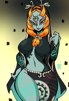 1girl 2023 alternate_breast_size_(larger) arm_tattoo artist_logo beckoning black_background black_skin blue_skin breasts circlet cloak colored_sclera colored_skin commentary commission curvy eyeshadow front_ponytail glowing glowing_tattoo gradient_background hair_tie hand_on_own_hip highres hood hood_up hooded_cloak jek_korpen large_breasts leg_tattoo logo makeup midna midna_(true) multicolored_skin navel nintendo purple_eyeshadow purple_lips red_eyes sarong simple_background tattoo the_legend_of_zelda the_legend_of_zelda:_twilight_princess thick_thighs thighs two-tone_skin v-shaped_eyebrows wide_hips yellow_sclera