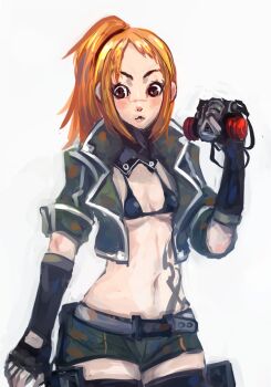 belt bikini black_bikini black_gloves black_thighhighs breasts brown_eyes clip_studio_paint_(medium) code_vein cropped_jacket fingerless_gloves gloves green_jacket highres holding holding_mask jacket long_hair mask murasame_rin_(code_vein) open_clothes open_jacket orange_hair ponytail renardbetta respirator scar scar_on_face scar_on_nose short_shorts shorts sidelocks small_breasts stomach_tattoo swimsuit tattoo thighhighs unworn_mask white_background white_belt