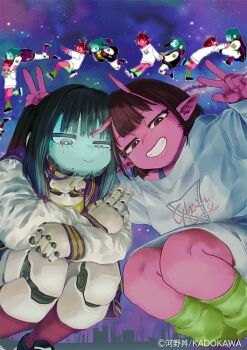2girls :&gt; alien android ankle_socks antennae artist_request black_bra black_hair black_socks blunt_bangs blush bra brown_eyes cable city clenched_teeth closed_mouth collared_jacket colored_eyelashes colored_skin commentary_request company_name copyright_name crew_neck double_horizontal_stripe double_v face_filter fingernails floating green_eyes green_socks hair_intakes horizontal-striped_clothes hug hug_from_behind jacket kadokawa kujo_chiharu kurusu_makina_(milky_galactic_universe) letterman_jacket long_pointy_ears long_sleeves loose_socks lower_eyelashes_only lowered_eyelids mechanical_hands mechanical_head mechanical_legs mechanical_neck medium_hair milky_galactic_universe milky_subway milky_u2606_subway:_the_galactic_limited_express multicolored_eyes multiple_girls no_humans official_art outdoors oversized_sweater pink_eyes pink_skin pixel_art_inset pointy_ears ponytail print_sweater puffy_long_sleeves puffy_sleeves purple_jacket purple_socks ribbed_socks salute science_fiction second-party_source shirt shoes short_hair sidelocks single_bare_shoulder sky smile sneakers socks space squatting star_(sky) starry_sky starry_sky_background striped_sleeves sweater teeth text_print triangle_print tube_socks two-finger_salute two-tone_eyes underwear v v_over_head white_sleeves white_sweater yellow_shirt