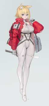 1girl absurdres animal_ear_fluff animal_ears bag blonde_hair breasts closed_mouth commentary_request full_body gloves grey_background halter_leotard halterneck highleg highleg_leotard highres holding holding_bag holding_behind_back holding_sword holding_weapon holding_weapon_behind_back jacket ki_min-woo large_breasts leotard long_sleeves looking_at_viewer open_clothes open_jacket original pantyhose purple_eyes red_jacket short_hair simple_background solo sword thighhighs thighhighs_over_pantyhose weapon white_gloves white_leotard white_pantyhose white_thighhighs
