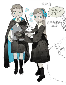 1boy 1girl alternate_costume beret black_cape black_hat black_shoes black_shorts black_socks blue_bow blue_cape blue_eyes blue_headband blush bow bow_headband brother_and_sister brown_hair cape child chinese_commentary chinese_text coin collar collared_dress collared_shirt commentary_request dipper_gleeful dipper_pines dress dress_shirt expressionless fake_facial_hair fake_mustache full_body gloves gravity_falls grey_vest hat headband highres holding holding_unworn_clothes holding_unworn_hat kneehighs limited_palette long_dress long_hair long_sleeves looking_at_viewer ma_fu mabel_gleeful mabel_pines magician parted_hair puritan_collar rabbit reverse_falls_(gravity_falls) shirt shoes shorts siblings side_part simplified_chinese_text smile socks speech_bubble standing straight_hair talking top_hat translation_request two-tone_cape unworn_hat unworn_headwear vest waistcoat white_background white_collar white_gloves white_shirt wing_collar