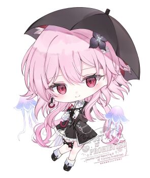 1girl black_dress black_umbrella blush chibi chibi_only closed_mouth commentary_request dress evernight_(honkai:_star_rail) hair_between_eyes hair_ornament hairclip highres holding holding_umbrella honkai:_star_rail honkai_(series) long_hair long_sleeves looking_at_viewer march_7th_(honkai:_star_rail) pink_hair red_eyes simple_background smile solo tsuyuri_eri umbrella very_long_hair watermark white_background