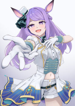 1girl :d absurdres animal_ears belt clothing_request cowboy_shot gradient_background highres horse_ears horse_girl iliketequila long_hair looking_at_viewer mejiro_mcqueen_(umamusume) navel open_mouth purple_eyes reaching reaching_towards_viewer shorts smile solo umamusume