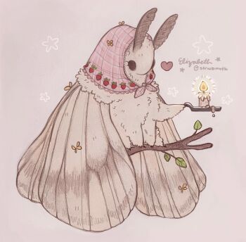 animal_focus artist_name branch bug candle commentary elizabeth_(strwbmoth) english_commentary food_print fruit_print full_body headscarf heart highres holding holding_candle insect instagram_username moth no_humans on_branch original simple_background sitting sitting_on_branch solo strawberry_print