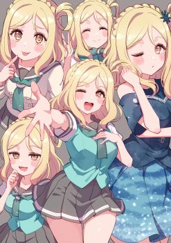1girl absurdres birthday blonde_hair blush breasts closed_eyes collarbone commentary cream_(nipakupa) grey_background hair_rings highres large_breasts love_live! love_live!_sunshine!! medium_hair multiple_views ohara_mari one_eye_closed school_uniform sidelocks single_hair_ring tongue tongue_out uranohoshi_school_uniform yellow_eyes