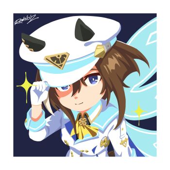 1girl absurdres animal_ears ascot blue_eyes breasts brown_hair cape cheval_grand_(grand_itineraire)_(umamusume) cheval_grand_(umamusume) ear_covers ears_through_headwear gloves hair_between_eyes hat highres horse_ears horse_girl horse_tail jacket long_hair looking_at_viewer multicolored_hair peaked_cap rahibizzz smile solo sparkle star_(symbol) streaked_hair tail umamusume upper_body white_gloves white_hair white_hat white_jacket yellow_ascot