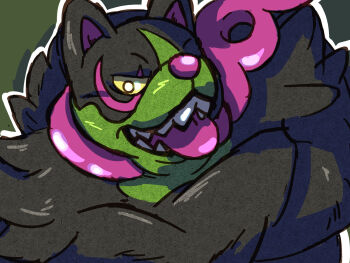 commentary crossed_arms green_background highres nintendo okidogi oluwott open_mouth outline pokemon pokemon_(creature) pokemon_focus sharp_teeth solo teeth tongue tongue_out white_outline