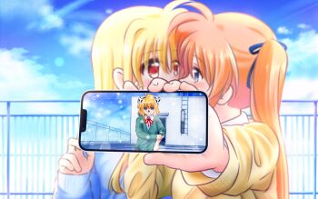 Rule 34 | 3girls, angry, arisa bunnings, blonde hair, blue eyes, blush, cellphone, cloud, cloudy sky, fate testarossa, green eyes, highres, kerorokjy, kiss, long hair, lyrical nanoha, mahou shoujo lyrical nanoha, medium hair, multiple girls, orange hair, phone, red eyes, school uniform, selfie, sky, sweater, takamachi nanoha, very long hair, yuri