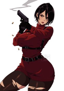 Rule 34 | 1girl, ada wong, asian, cam the art guy, dress, gun, handgun, highres, holding, holding gun, holding weapon, pantyhose, red dress, red lips, red sweater, resident evil, resident evil 4, resident evil 4 (remake), sweater, sweater dress, turtleneck, turtleneck dress, weapon