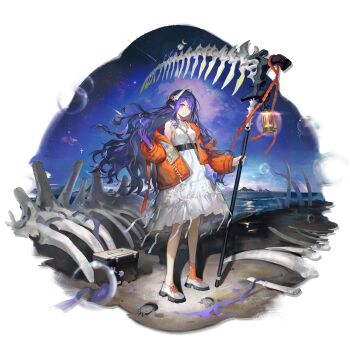 1girl arknights beach blue_eyes blue_hair blue_skin bone bone_hair_ornament bone_weapon bubble city_lights colored_skin conch cooler coral crab dress flower frilled_skirt frills full_body giant_skeleton hair_flower hair_ornament hanging_lantern highmore_(arknights) highmore_(stranded)_(arknights) highres holding holding_scythe horin_(horin_xi) jacket long_hair looking_at_viewer night ocean official_alternate_costume official_art open_mouth orange_jacket orange_socks outdoors pink_flower ribbon rope scythe seashell shell shooting_star single_sock skeleton skirt sky socks solo third-party_source transparent_background wavy_hair white_dress white_ribbon yellow_flower zipper