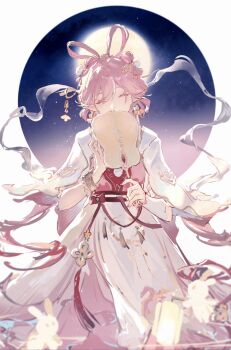 1girl chinese_clothes chinese_commentary closed_eyes commentary_request dress elysia_(hi_love_elf)_(honkai_impact) elysia_(honkai_impact) facing_viewer hair_ornament hair_rings highres holding honkai_(series) honkai_impact_3rd lantern long_hair moon night paper_lantern pink_hair pointy_ears purple_sky qqqne sky solo variant_set white_background white_dress