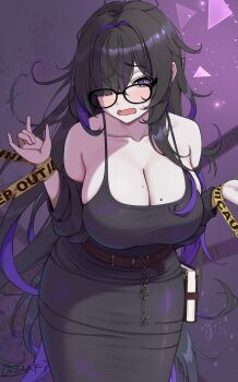 1girl @_@ absurdres azuki_(azuki_azukki) bare_shoulders belt black-framed_eyewear black_cardigan black_dress black_hair blush book breasts brown_belt cardigan cardigan_partially_removed caution_tape cleavage collarbone colored_inner_hair commentary_request dress glasses goddess_of_victory:_nikke hair_over_one_eye highres label_(nikke) large_breasts long_hair looking_at_viewer mole mole_on_breast multicolored_hair open_mouth purple_eyes purple_hair purple_streaks solo two-tone_hair very_long_hair