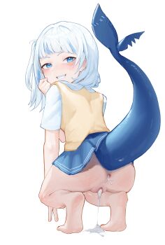 1girl absurdres after_anal after_vaginal aftersex anus ass barefoot blue_eyes blue_hair blue_skirt blue_tail blush commentary cum cum_in_ass cum_in_pussy cumdrip feet fins fish_tail from_behind full_body gawr_gura grin hair_ornament hand_to_own_mouth highres hololive hololive_english loli long_hair looking_back mirumiruchan multicolored_hair no_panties one_side_up pleated_skirt pussy school_uniform shark_girl shark_tail shirt skirt smile soles solo spanked squatting untranslatable_commentary tail tail_raised teeth two-tone_hair uncensored v vest virtual_youtuber whip_marks white_background white_hair white_shirt yellow_vest
