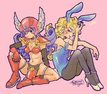 animal_ears armor bikini_armor blonde_hair blue_eyes blue_leotard boots breasts cigarette cleavage dragon_quest dragon_quest_iii elbow_gloves fake_animal_ears full_body gadabout_(dq3) gloves helmet high_heels holding holding_cigarette leotard lips long_hair morinaga_ayami navel open_mouth pantyhose playboy_bunny purple_hair rabbit_ears red_armor red_helmet shoes shoulder_armor silver_thighlet smoking thighlet warrior warrior_(dq3) white_shoes winged_helmet