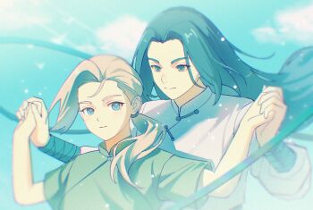1boy 1girl aqua_eyes awsj7858 black_hair blue_eyes blue_sky blue_theme chinese_clothes cloud cloudy_sky commentary_request grey_hair highres holding_hands long_hair long_sleeves looking_at_viewer luo_xiaohei_zhanji luye_(the_legend_of_luoxiaohei) ponytail shadow short_sleeves sky smile upper_body wuxian_(the_legend_of_luo_xiaohei)