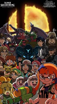 Rule 34 | 6+boys, 6+girls, alien, animal crossing, black hair, blonde hair, brown hair, capcom, castlevania: rondo of blood, castlevania (series), chrom (fire emblem), coat, crown, dark samus, donkey kong (series), donkey kong country, elf, eyepatch, fire, fire emblem, fire emblem awakening, gen 2 pokemon, gen 7 pokemon, grin, hat, headband, hood, hood up, ice climber, incineroar, inkling girl, inkling player character, invadercamille, isabelle (animal crossing), ken masters, king k. rool, konami, leaf (pokemon), link, long hair, looking at viewer, mario (series), metal gear (series), metal gear solid, metroid, metroid prime 2: echoes, multiple boys, multiple girls, nana (ice climber), nintendo, open mouth, orange hair, pichu, pointy ears, poke ball, pokemon, pokemon frlg, pokemon trainers, popo (ice climber), princess daisy, red (pokemon), richter belmont, ridley, serious, simon belmont, smile, solid snake, splatoon (series), splatoon 2, star fox, star fox 64, street fighter, super mario land, super smash bros, super smash bros., the legend of zelda, the legend of zelda: ocarina of time, tongue, tongue out, twintails, v, wings, wolf o'donnell, young link