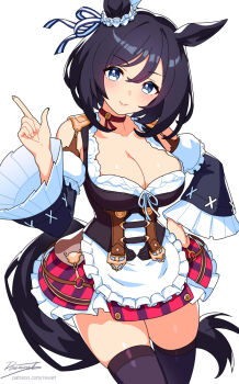 1girl animal_ears black_hair black_sleeves black_tail black_thighhighs blue_eyes blush bob_cut bodice breasts choker cleavage closed_mouth commentary cowboy_shot detached_sleeves dirndl ear_ornament ear_scrunchie eishin_flash_(meisterschaft)_(umamusume) eishin_flash_(umamusume) frilled_sleeves frills german_clothes hair_between_eyes hair_intakes hand_on_own_hip horse_ears horse_girl horse_tail index_finger_raised large_breasts looking_at_viewer red_choker revenantart scrunchie short_hair simple_background skirt smile solo striped_clothes striped_skirt tail thighhighs thighs umamusume vertical-striped_clothes vertical-striped_skirt white_background white_scrunchie