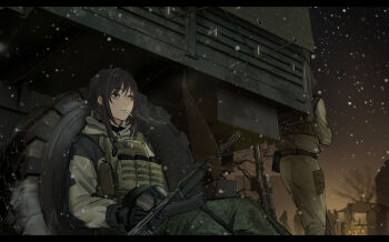 Rule 34 | 1girl, 1other, absurdres, akm, ammunition pouch, assault rifle, ayou (aukuamani), bags under eyes, belt, belt pouch, black background, black gloves, black helmet, blood type, brown belt, brown eyes, brown hair, brown jacket, brown pants, bulletproof vest, camouflage, camouflage pants, carabiner, cigarette, closed mouth, commentary, dragunov svd, english commentary, evening, gloves, goggles, grey sky, gun, helmet, highres, hood, hood down, hooded jacket, jacket, kalashnikov rifle, letterboxed, load bearing vest, long sleeves, magazine (weapon), medium hair, motor vehicle, original, pants, pouch, rifle, scope, silhouette, sitting, sky, smoke, smoking, sniper rifle, snow, snowing, soldier, solo focus, tactical clothes, tarpaulin, tree, truck, unworn goggles, weapon