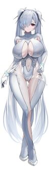 1girl aliasing armpit_cutout bodysuit breasts cinderella_(nikke) cleavage cleavage_cutout clothing_cutout gloves goddess_of_victory:_nikke hair_over_one_eye hand_on_own_hip kurono_suzuran large_breasts leg_cutout long_hair looking_at_viewer navel navel_cutout one_eye_covered red_eyes see-through_clothes see-through_skirt simple_background skirt solo standing stomach_cutout tachi-e twintails very_long_hair white_bodysuit white_hair