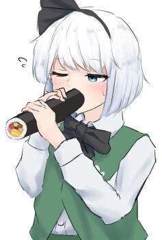 Rule 34 | 1girl, absurdres, black bow, black bowtie, black hairband, black ribbon, blue eyes, blunt ends, blush, bow, bowtie, collared shirt, covered mouth, fellatio, flying sweatdrops, food, green vest, hair ribbon, hairband, half-closed eye, hands up, highres, holding, holding food, konpaku youmu, long sleeves, makizushi, nori (seaweed), one eye closed, oral, phallic symbol, refuson man, ribbon, rice, sexually suggestive, shirt, short hair, simple background, simulated fellatio, sketch, solo, sushi, sweatdrop, touhou, upper body, vest, white background, white hair, white shirt