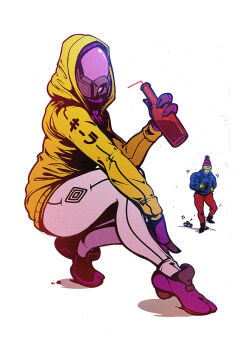 1boy 1girl alien beanie beer_bottle bodysuit boombox colored_skin commentary dancing down_jacket drell drinking_straw english_commentary faceless fewer_digits full_body green_skin hat helmet highres hood hoodie jacket mass_effect_(series) mass_effect_2 on_one_knee parody quarian shoes sneakers solo_focus squatting tali'zorah thane_krios voodoothur white_background