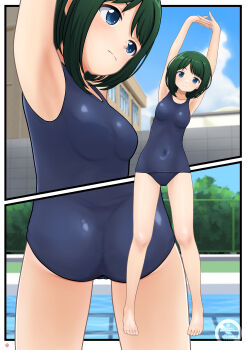 1girl absurdres arms_up ass blue_eyes blue_one-piece_swimsuit blue_sky breasts chain-link_fence cloud commentary_request commission covered_navel day expressionless fence full_body green_eyes highres looking_at_viewer medium_breasts multiple_views nao_suke old_school_swimsuit one-piece_swimsuit original outdoors pool school_swimsuit short_hair skeb_commission sky standing stretching swimsuit upper_body
