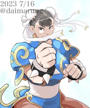 1girl black_eyes black_hair bracelet breasts bright_pupils brown_pantyhose bun_cover capcom china_dress chinese_clothes chun-li clenched_hands covered_mouth daimaru_(s29y2c) dated double_bun dress earrings fighting_stance hair_bun highres jewelry large_breasts looking_at_viewer pantyhose pearl_earrings pelvic_curtain puffy_short_sleeves puffy_sleeves sash short_hair short_sleeves simple_background solo spiked_bracelet spikes street_fighter twitter_username upper_body waist_sash white_pupils white_sash