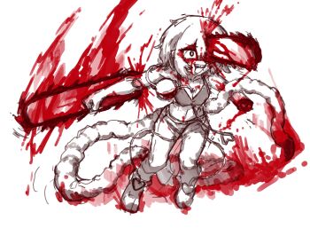 Rule 34 | 1girl, alternate costume, blood, blood on face, boots, bra, breasts, chainsaw, chainsaw man, cleavage, commentary, eyeball, highres, komeiji koishi, korean commentary, medium breasts, medium hair, midriff, navel, no headwear, open mouth, pants, rampa93, sketch, smile, solo, tail, third eye, touhou, underwear