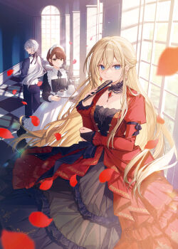 1boy 2girls apron black_bridal_gauntlets black_dress blue_eyes breasts bridal_gauntlets brown_hair choker cleavage commentary_request coyucom crossed_bangs cup dress expressionless falling_petals frilled_apron frilled_dress frills gloves green_eyes grey_hair hair_between_eyes hallway hand_fan highres holding holding_fan holding_tray indoors lace lace_choker long_hair looking_at_viewer maid maid_apron maid_headdress medium_breasts multiple_girls official_art original petals ponytail purple_eyes red_dress smile standing tea_set teacup teapot tray window window_shadow